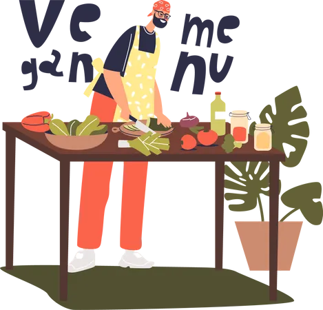 Chef masculino haciendo menú vegano para restaurante  Ilustración