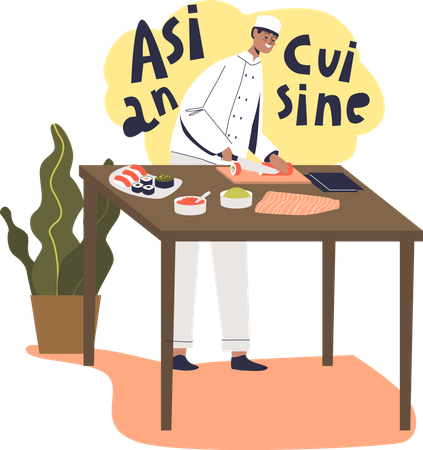 Cocinero chef masculino haciendo sushi y cocina  Ilustración