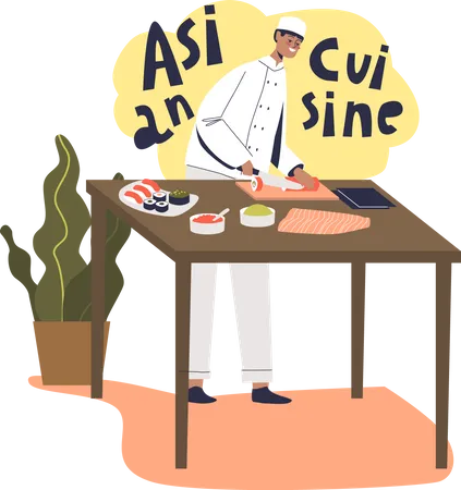 Chef Masculino Cocinando Sushi Comida Tradicional Japonesa Preparacion De Cocina Asiatica Concepto De Gente De Cocina Profesional Ilustracion De Vector Plano De Dibujos Animados Ilustración