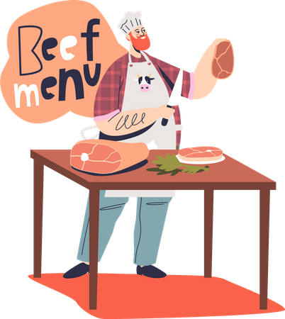 Chef masculino preparando platos de carne y bistec para restaurante  Ilustración