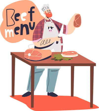 Chef masculino preparando platos de carne y bistec para restaurante  Ilustración