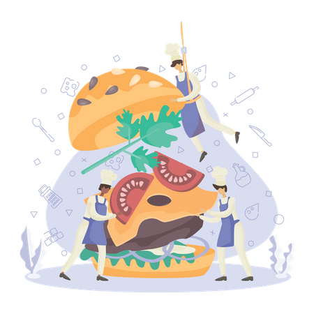 Chef cocinero sabrosa hamburguesa  Ilustración