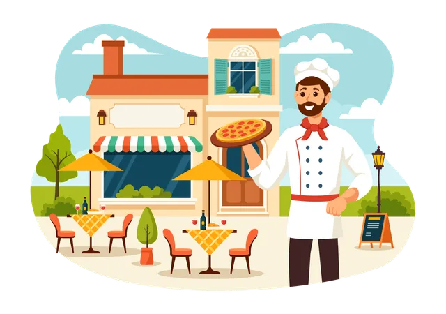 Chef com comida italiana  Ilustração