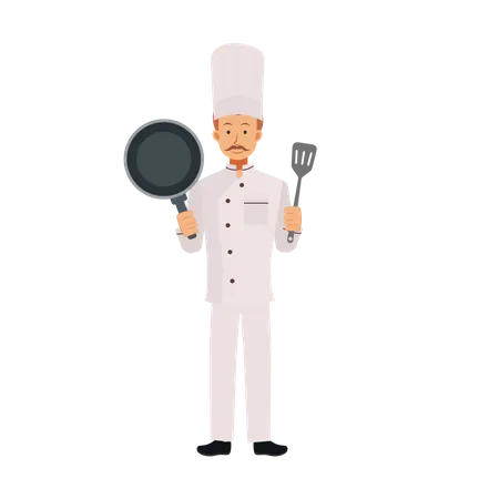 Chef com frigideira e turner  Ilustração