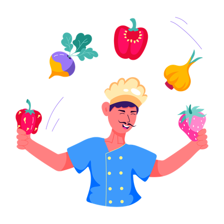 Chef qualifié jonglant avec des légumes  Illustration