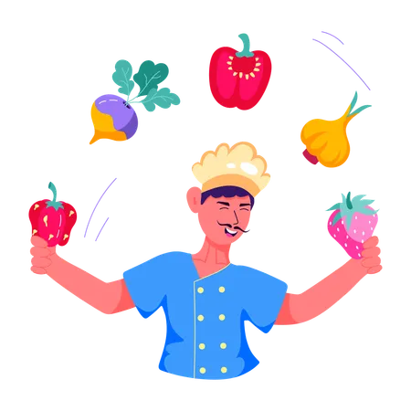 Chef qualifié jonglant avec des légumes  Illustration