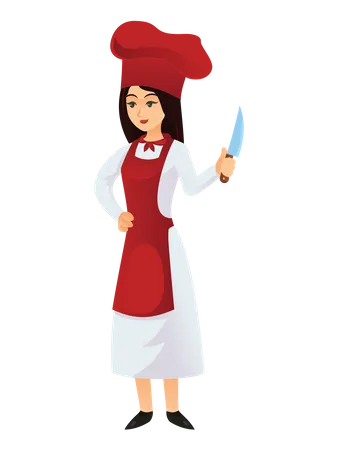 Chef femenina sosteniendo el cuchillo en la mano  Ilustración