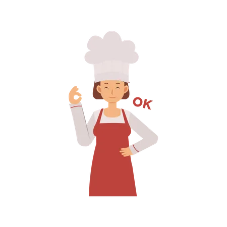Una Cocinera Con Una Bata De Cocina Esta Haciendo El Signo De OK Con La Mano Personaje De Dibujos Animados De Vector Plano Ilustración