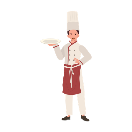 Chef con sombrero y plato de sujeción uniforme  Ilustración
