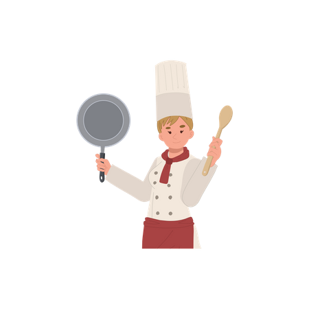 Chef femenina con sartén y cuchara  Ilustración