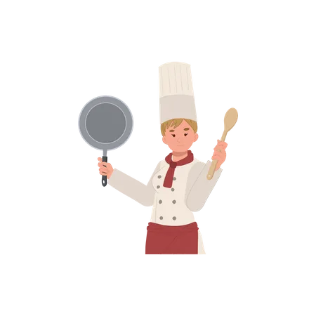 Chef femenina con sartén y cuchara  Ilustración