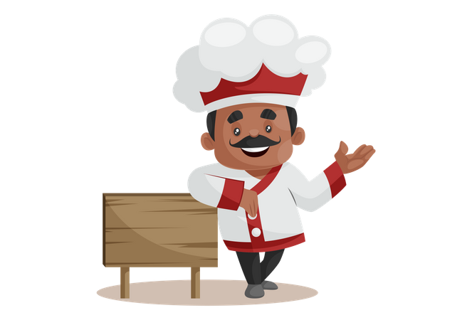 Chef con tabla de madera vacía dando la bienvenida al huésped  Ilustración