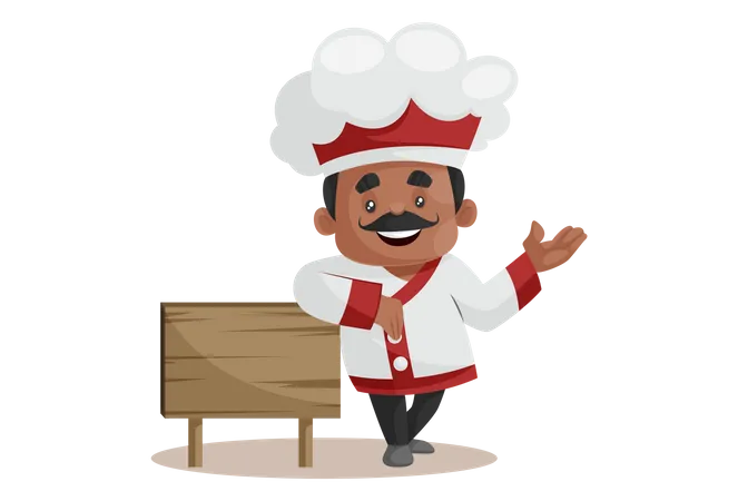 Chef con tabla de madera vacía dando la bienvenida al huésped  Ilustración