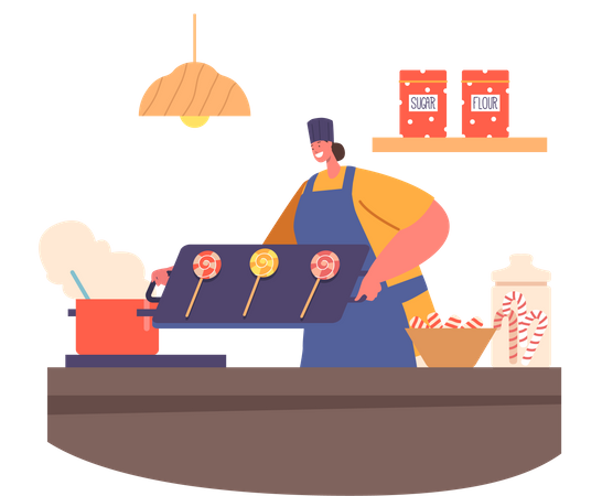 Chef confeiteiro cozinhando pirulitos de caramelo na cozinha  Ilustração