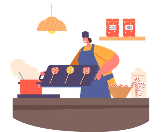 Chef confeiteiro cozinhando pirulitos de caramelo na cozinha  Ilustração
