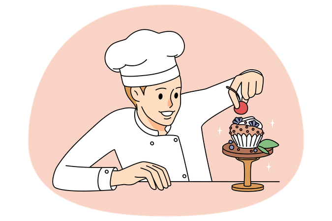 Chef confeiteiro decora cupcake  Ilustração