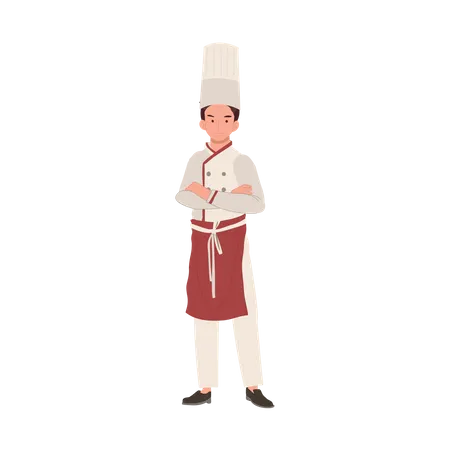 Chef masculino confiado de pie con los brazos cruzados en uniforme de cocina  Ilustración