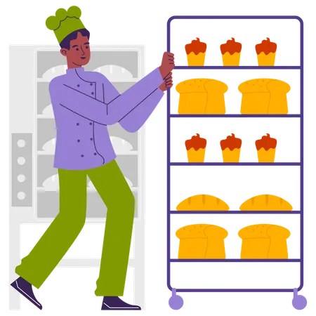 Le chef garde du pain frais sur l'étagère  Illustration