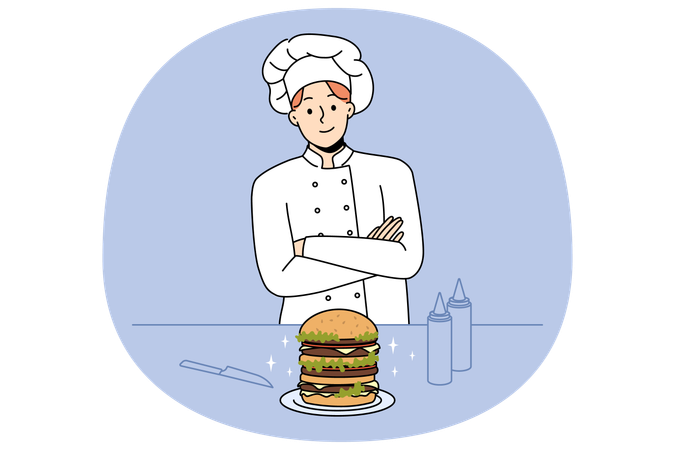 Chef cook burger in restaurant  Illustration