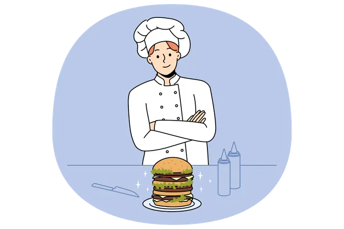 Chef cook burger in restaurant  Illustration