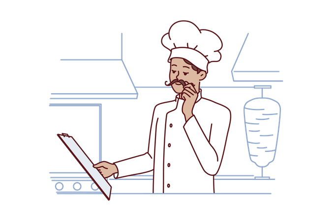 Chef cook man stands in kitchen street food restaurant and holds clipboard with menu  イラスト