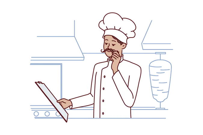 Chef Cook Man Stands In Kitchen Street Food Restaurant And Holds Clipboard With Menu Getting Ready For New Working Day Chef Guy Makes Career In Restaurant Industry And Touches Mustache Illustration