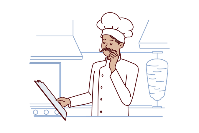 Chef cook man stands in kitchen street food restaurant and holds clipboard with menu  Illustration