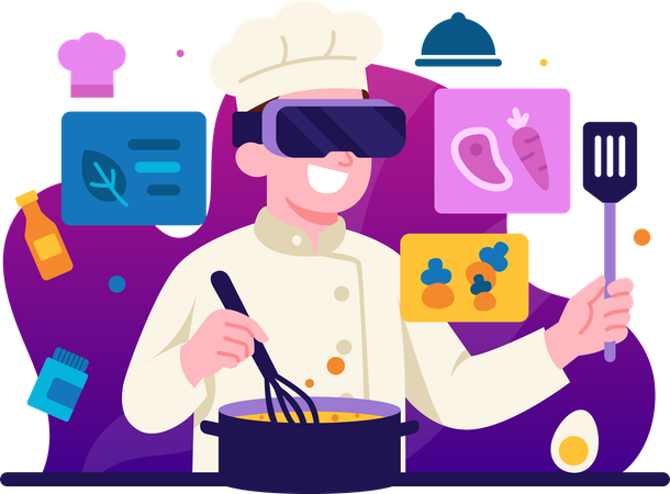 Chef cooking assisted with VR technology  Illustration