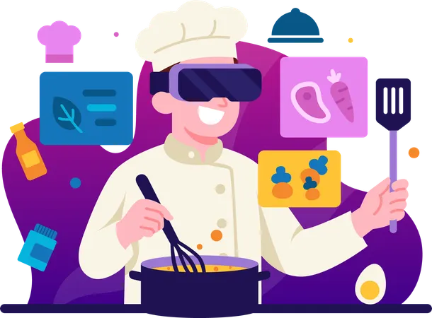 Chef cooking assisted with VR technology  Illustration