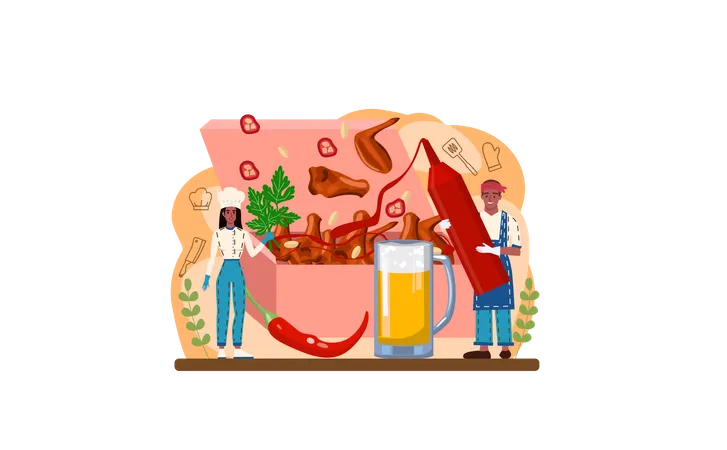 Buffalo Wings Web Banner Or Landing Page Chicken Wings Cooking At Home With Butter And Pepper Spicy Homemade Appetizer With Crispy Crust Unhealthy Snack Of Meat Flat Vector Illustration イラスト