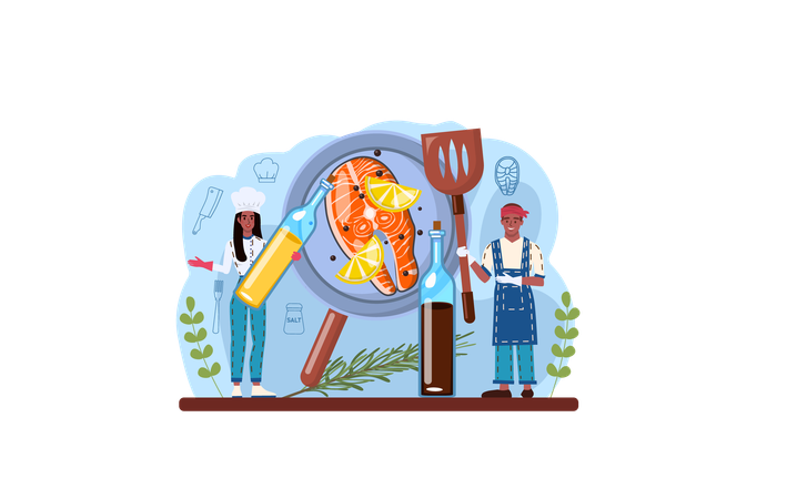 Chef cooking fish streak  Illustration