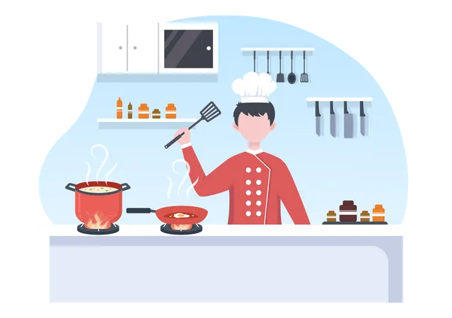 Professional Chef Cartoon Character Cooking Illustration With Different Trays And Food To Serve Delicious Food Made In Kitchen Suitable For Poster Illustration