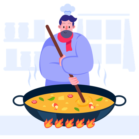 Chef cooking food in huge bowl  Illustration