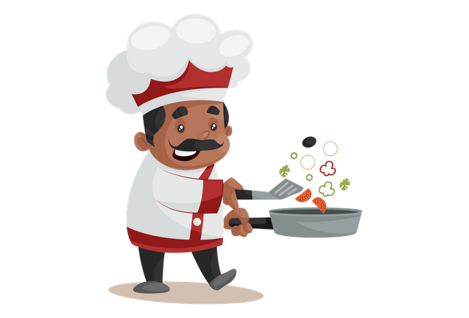 Chef Cooking In Frying Pan  Illustration