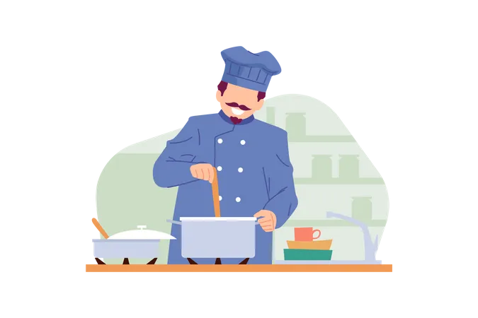 Chef Cooking In The Kitchen  Illustration
