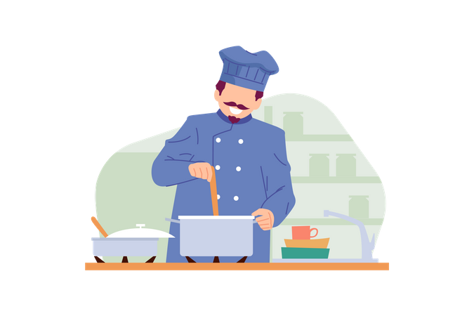 Chef Cooking In The Kitchen  Illustration