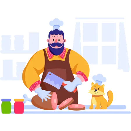 Chef cooking meat  Illustration