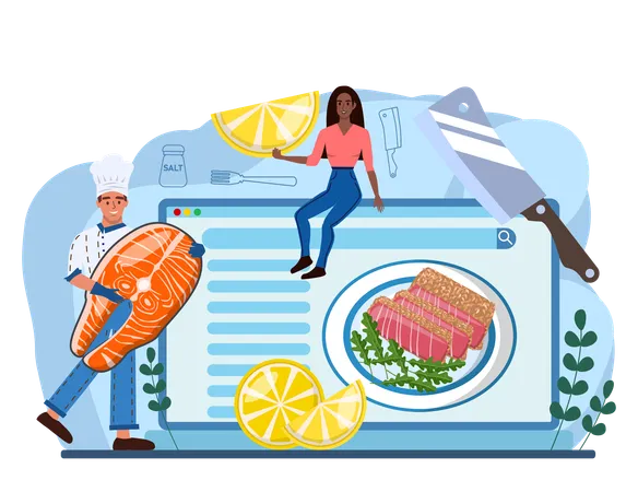 Fish Steak Online Service Or Platform Chef Cooking Grilled Salmon Or Tuna Steak With Lemon Tasty Fish Fillet For Dinner Website Flat Vector Illustration Illustration