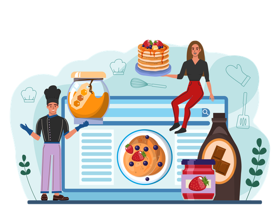 Chef cooking Online Tasty pancake for breakfast with berry and maple syrup  Illustration