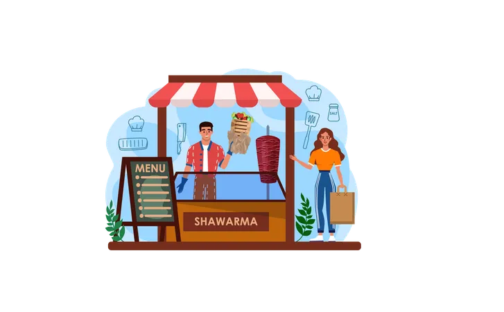 Shawarma Maker Web Banner Or Landing Page Chef Cooking Delicious Street Food Roll With Meat Salad And Tomato Kebab Fast Food Cafe Vector Illustration In Cartoon Style Ilustração