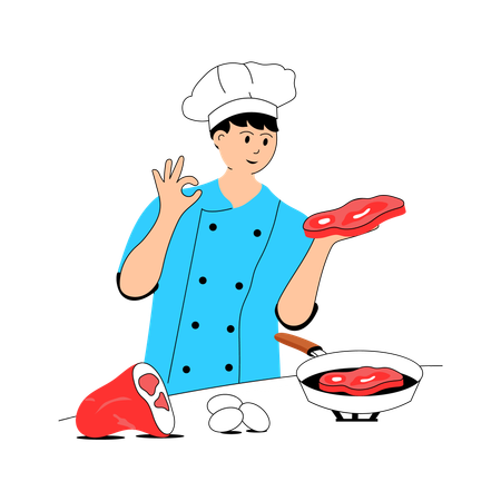 Chef cooking steak  Illustration