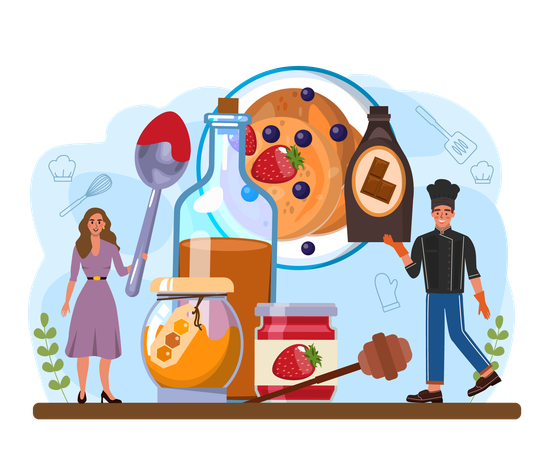 Chef cooking Tasty pancake for breakfast with berry and maple syrup  Illustration