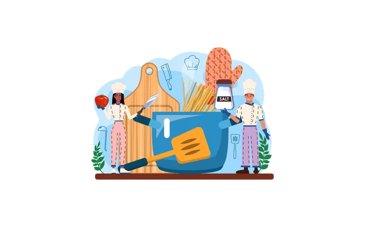 Chef Web Banner Or Landing Page Culinary Specialist Making And Serving A Tasty Dish According Cooking Technology Professional Worker In Apron On The Kitchen Flat Vector Illustration 일러스트레이션