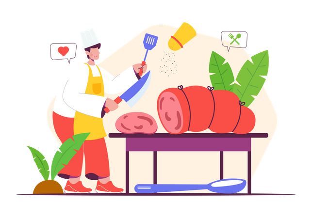 Chef cortando carne  Ilustração