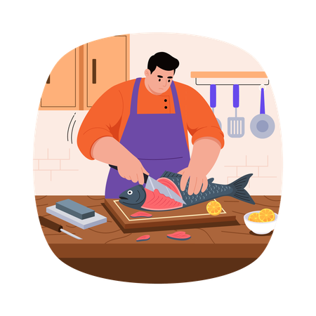 Chef cortando pescado  Ilustración
