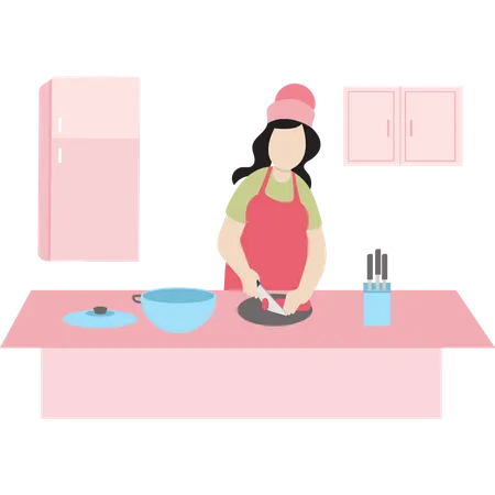Uma Chef Feminina Cortando Algo Na Cozinha Ilustração
