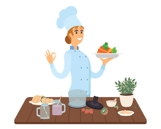 Chef feminina cozinhando  Ilustração