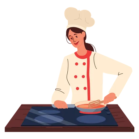 Chef feminina cozinhando  Ilustração