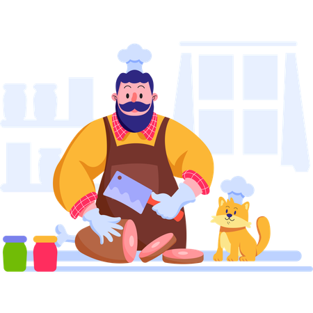Chef cozinhando carne  Ilustração