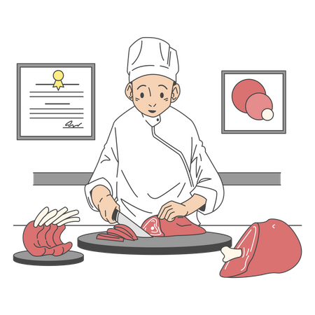 Chef cozinhando carne  Ilustração